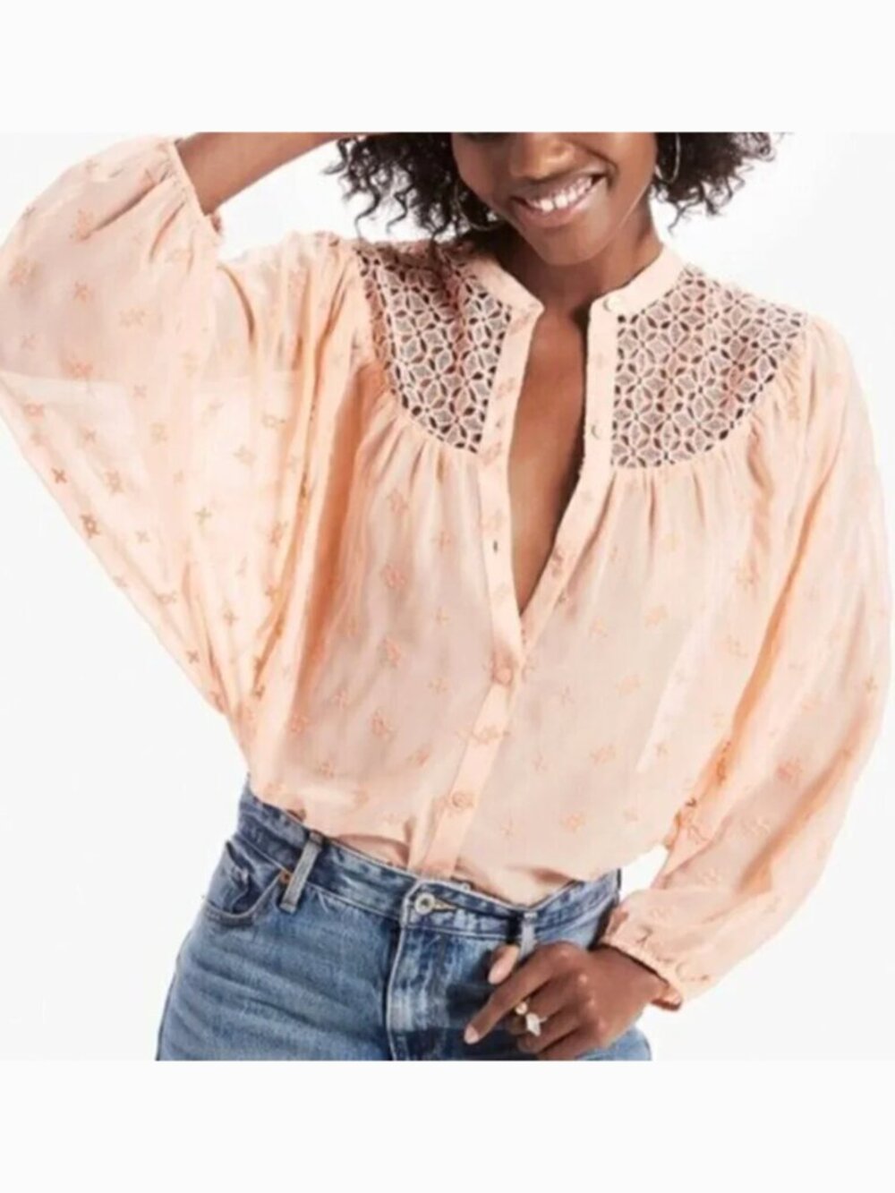 LUCKY BRAND Lace Yoke Dolman Blouse Pink / Peach Embroidered Button 3/4 Sleeve S